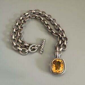 Sterling Silver 925 Citrine Faceted Cushion Roped Pendant Enhancer and Chain